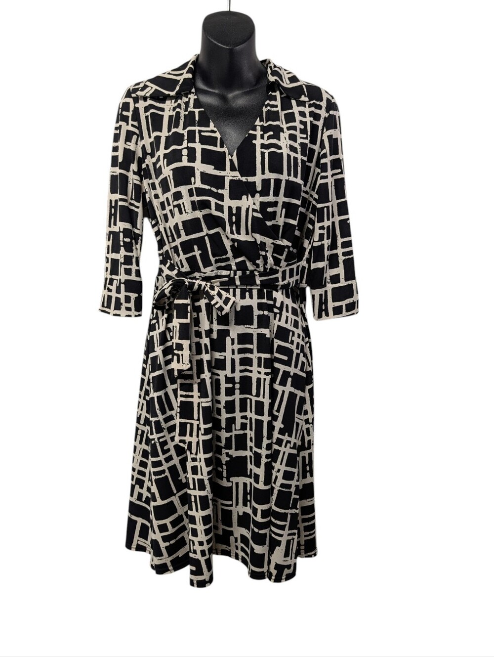 NorthStyle Size 10P Black White Geometric Wrap Dress Petite Collared Stretch